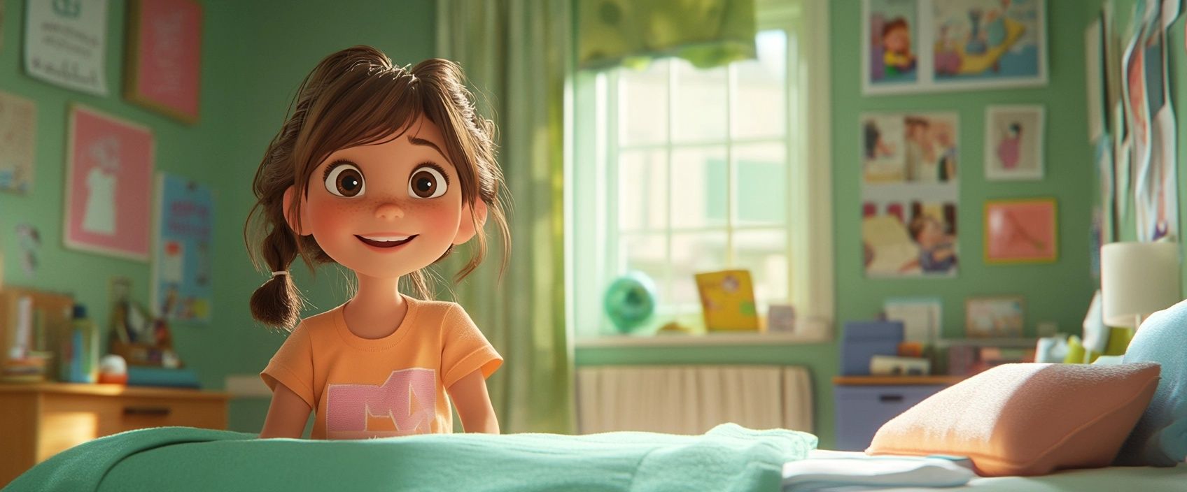 
An 11year old cartoon character in a Pixar style with brown hair, sitting in her sage green bedroom. She is to the left of the image and the room contents to the right