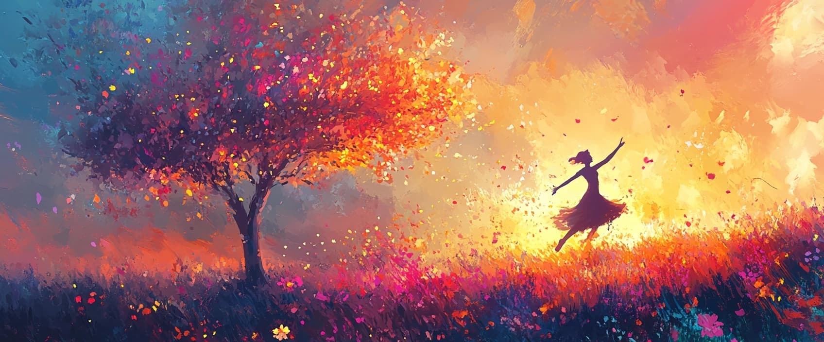 A bright, energetic scene showing a figure dancing joyfully in an open, natural setting, like a meadow or near a forest, with a glowing sunset in the background. The figure’s movements are graceful and expressive, surrounded by a swirling mix of vibrant paint strokes, blending nature with art. Trees and flowers are softly highlighted with colorful light, and the figure's motion leaves a trail of artistic brushstrokes in the air, symbolizing creativity and love for the outdoors. The sky is painted with warm hues of pink, orange, and purple, adding a sense of freedom and vibrance